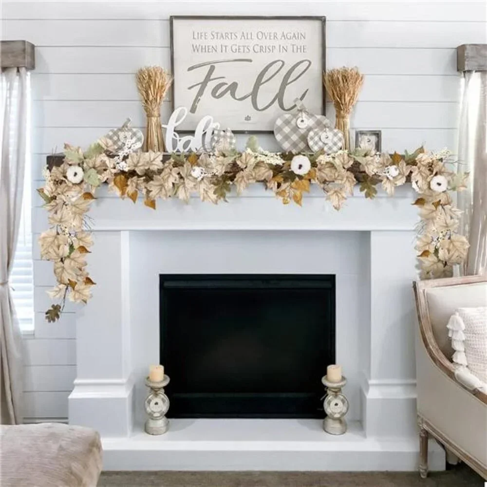 Fall Decor Garland‎ - 6Ft Autumn Maples Leaf Pumpkin Berry Garland White Decor